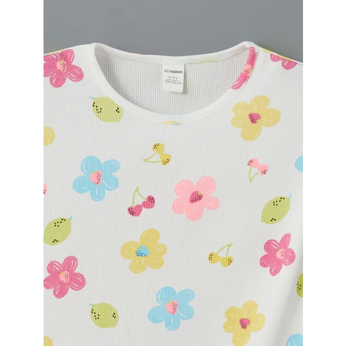 LCW Kids Beyaz Bisiklet Yaka Çiçekli Kız Çocuk Tişört