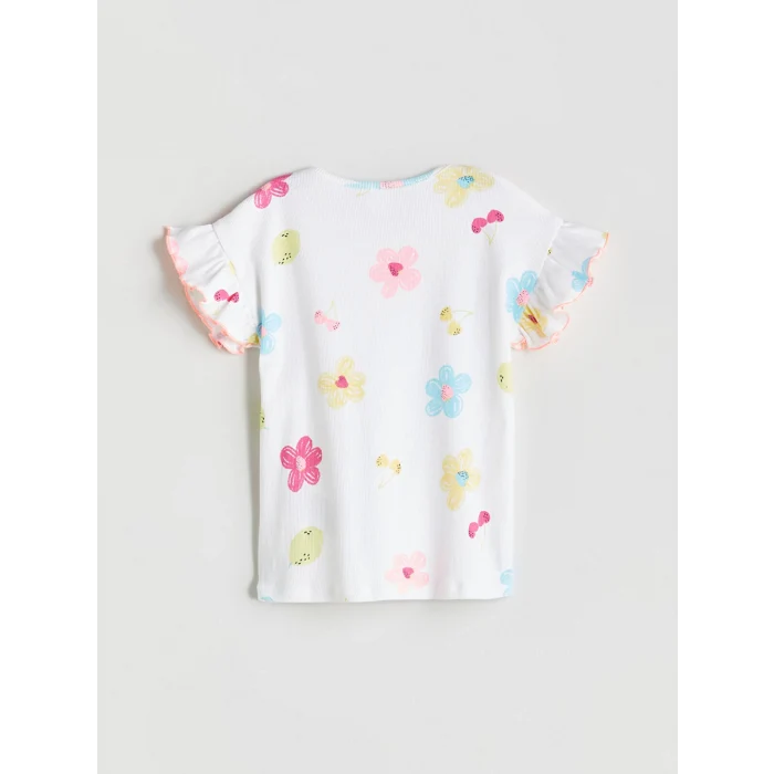 LCW Kids Beyaz Bisiklet Yaka Çiçekli Kız Çocuk Tişört