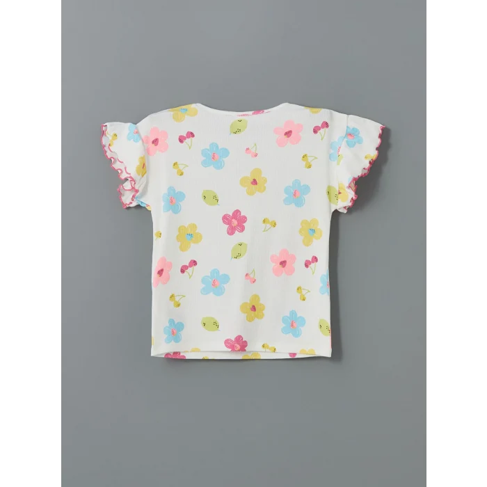 LCW Kids Beyaz Bisiklet Yaka Çiçekli Kız Çocuk Tişört