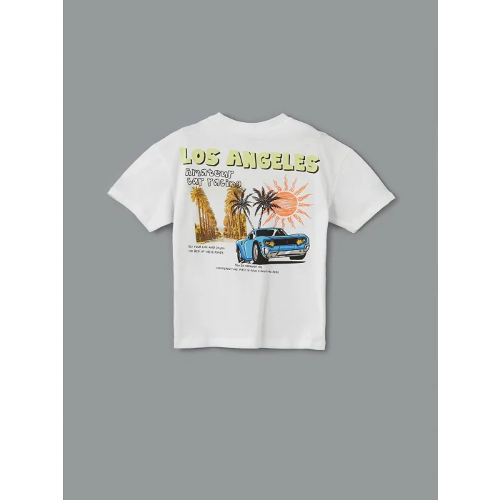 LCW Kids Beyaz Bisiklet Yaka Baskılı Erkek Çocuk Tişört