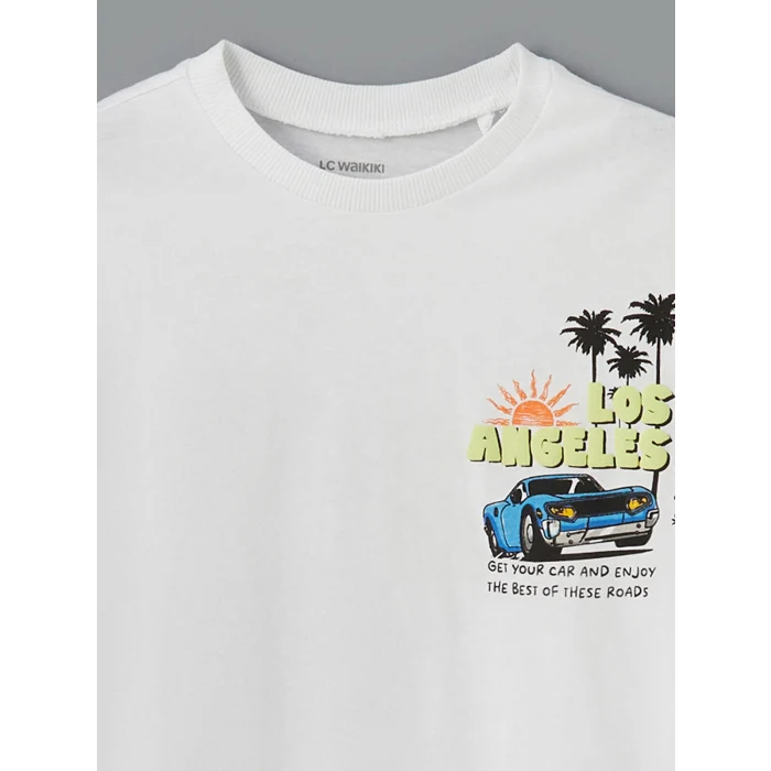 LCW Kids Beyaz Bisiklet Yaka Baskılı Erkek Çocuk Tişört