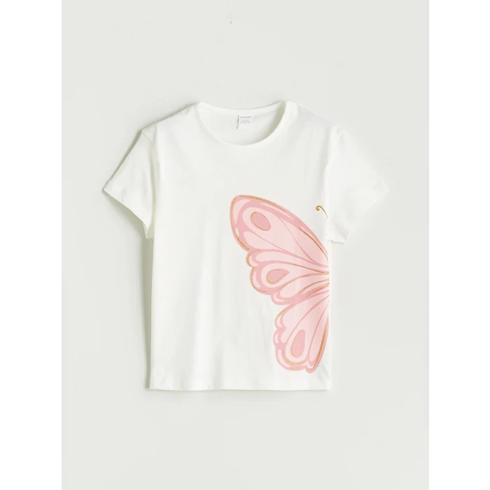 LCW Kids Ekru Bisiklet Yaka Baskılı Kız Çocuk Tişört