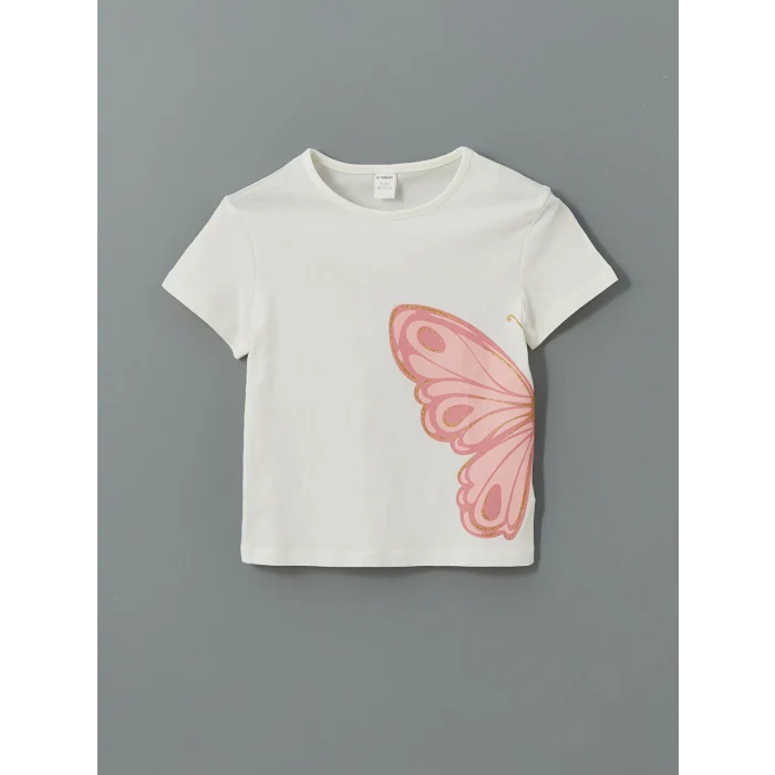 LCW Kids Ekru Bisiklet Yaka Baskılı Kız Çocuk Tişört