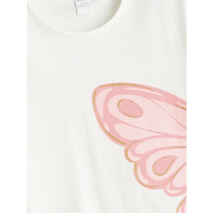 LCW Kids Ekru Bisiklet Yaka Baskılı Kız Çocuk Tişört