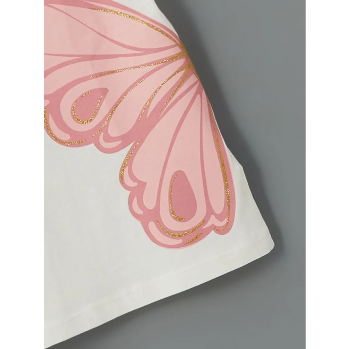 LCW Kids Ekru Bisiklet Yaka Baskılı Kız Çocuk Tişört