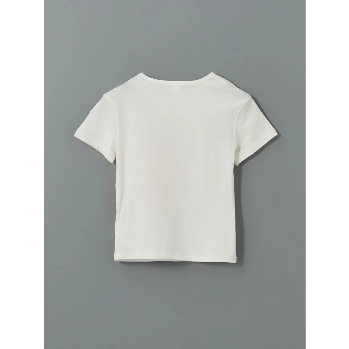 LCW Kids Ekru Bisiklet Yaka Baskılı Kız Çocuk Tişört