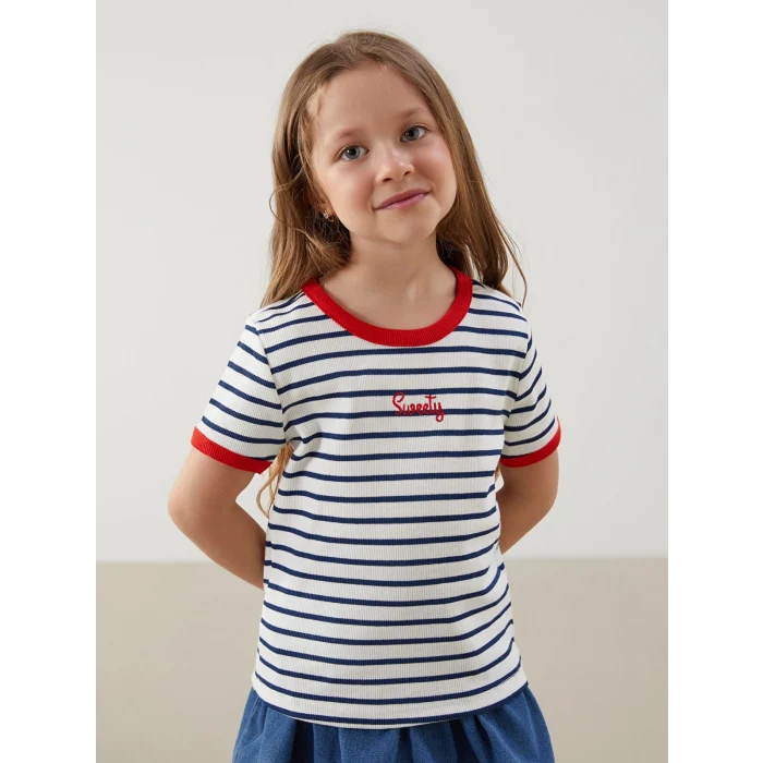 LCW Kids Lacivert Bisiklet Yaka Çizgili Kız Çocuk Tişört