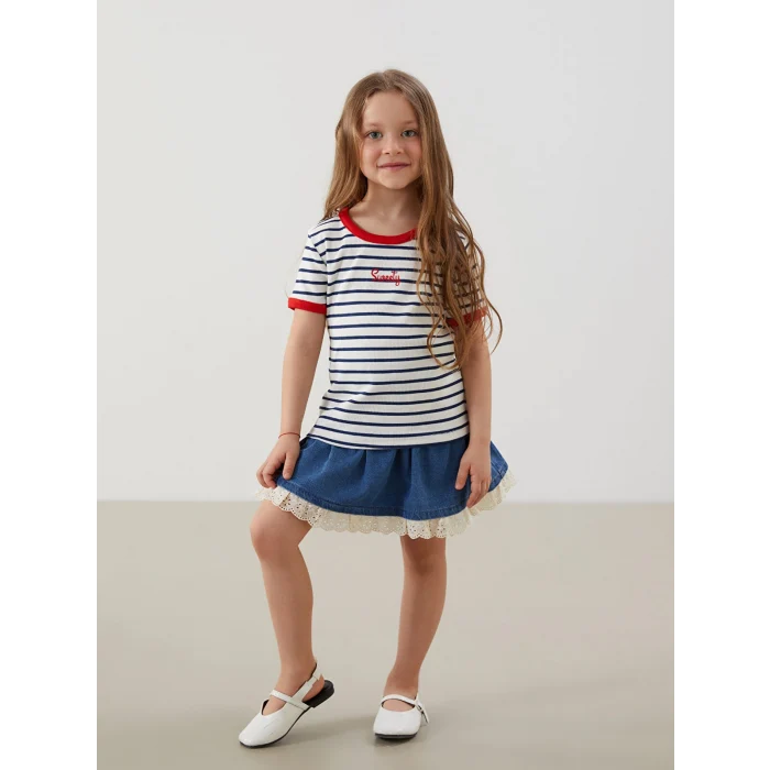 LCW Kids Lacivert Bisiklet Yaka Çizgili Kız Çocuk Tişört