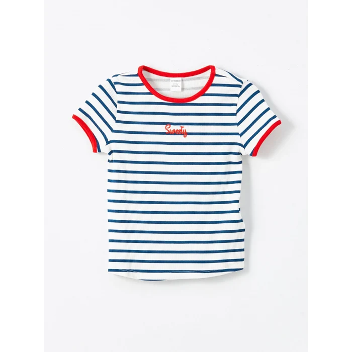 LCW Kids Lacivert Bisiklet Yaka Çizgili Kız Çocuk Tişört