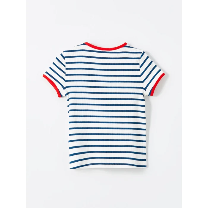 LCW Kids Lacivert Bisiklet Yaka Çizgili Kız Çocuk Tişört