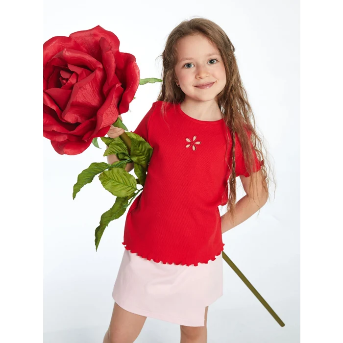 LCW Kids Kırmızı Bisiklet Yaka Çiçekli Kız Çocuk Tişört
