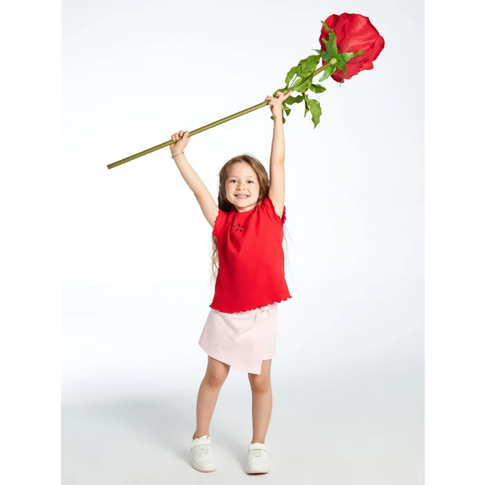 LCW Kids Kırmızı Bisiklet Yaka Çiçekli Kız Çocuk Tişört