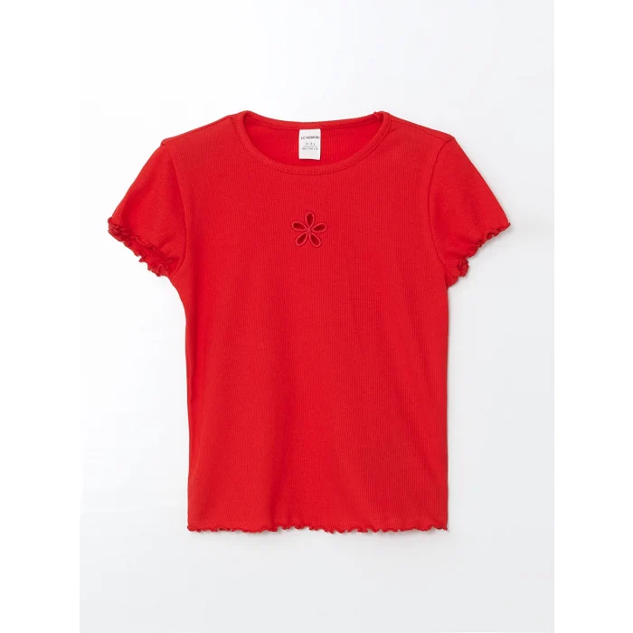 LCW Kids Kırmızı Bisiklet Yaka Çiçekli Kız Çocuk Tişört