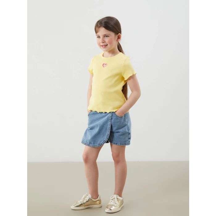 LCW Kids Sarı Bisiklet Yaka Nakışlı Kaşkorse Kız Bebek Tişört