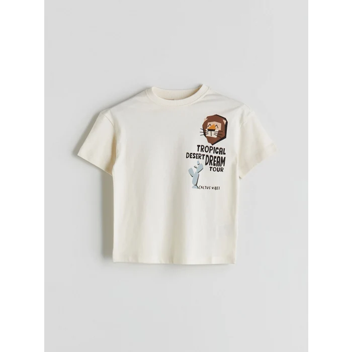 LCW Kids Bej Bisiklet Yaka Baskılı Erkek Çocuk Tişört