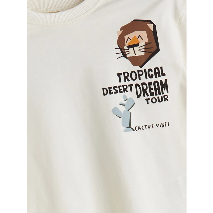 LCW Kids Bej Bisiklet Yaka Baskılı Erkek Çocuk Tişört