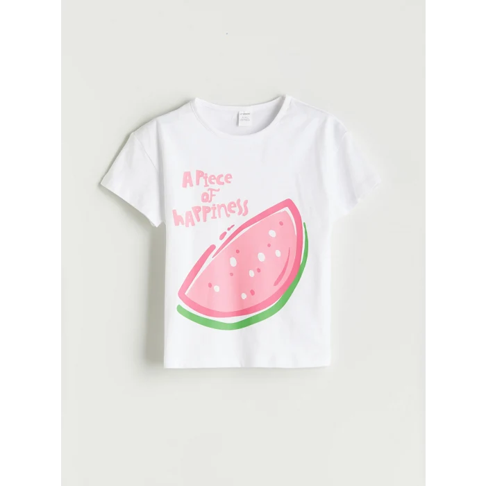 LCW Kids Beyaz Bisiklet Yaka Baskılı Kız Çocuk Tişört