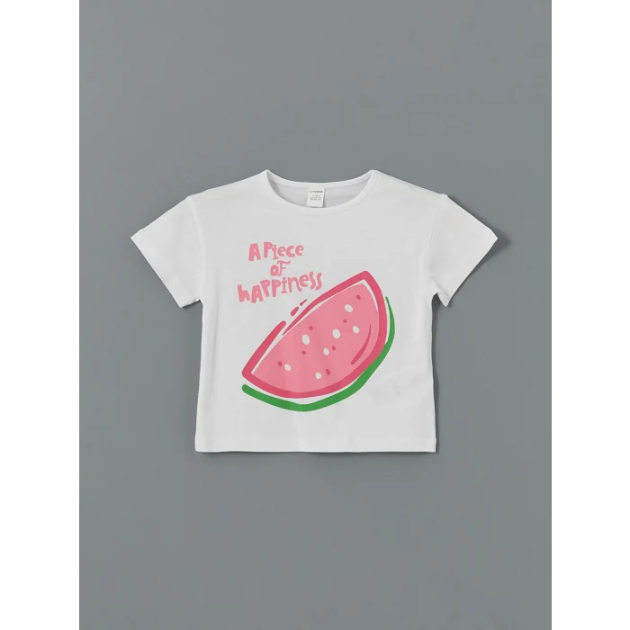 LCW Kids Beyaz Bisiklet Yaka Baskılı Kız Çocuk Tişört
