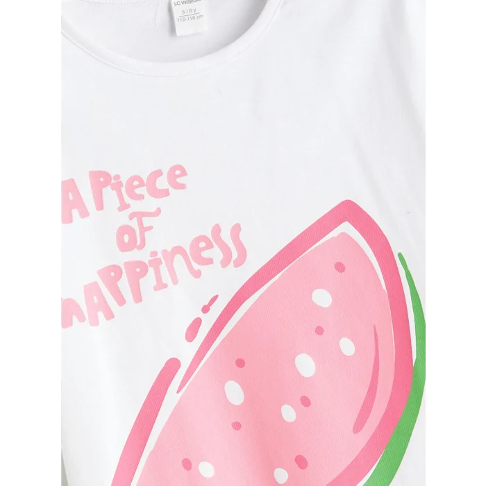 LCW Kids Beyaz Bisiklet Yaka Baskılı Kız Çocuk Tişört