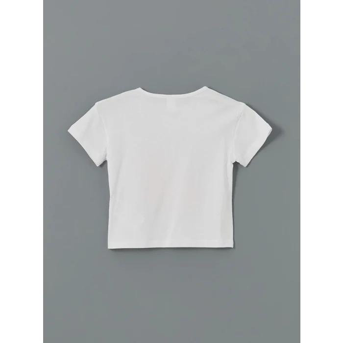 LCW Kids Beyaz Bisiklet Yaka Baskılı Kız Çocuk Tişört