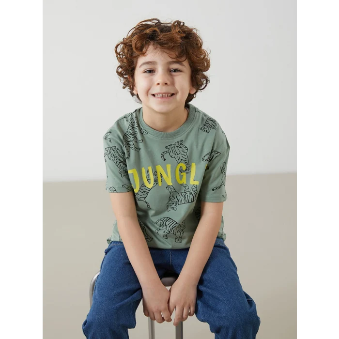 LCW Kids Haki Bisiklet Yaka Baskılı Erkek Çocuk Tişört