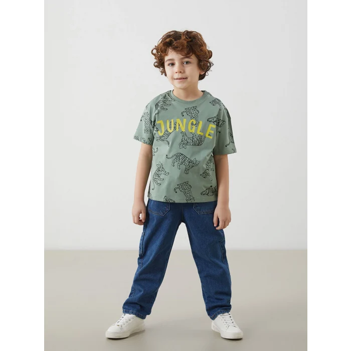 LCW Kids Haki Bisiklet Yaka Baskılı Erkek Çocuk Tişört