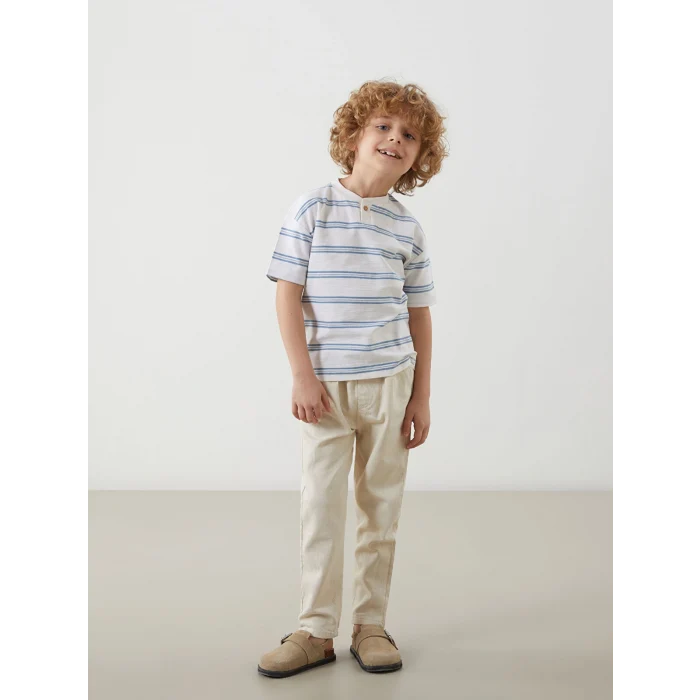 LCW Kids Ekru Bisiklet Yaka Çizgili Erkek Çocuk Tişört