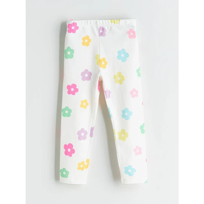 LCW Kids Ekru Beli Lastikli Baskılı Kız Çocuk Tayt