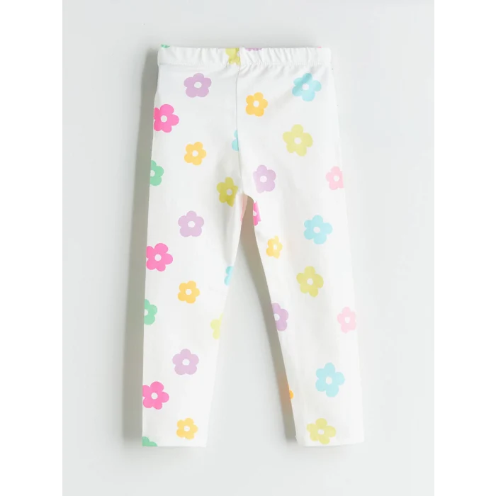 LCW Kids Ekru Beli Lastikli Baskılı Kız Çocuk Tayt