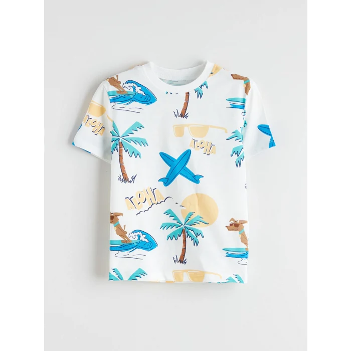 LCW Kids Ekru Bisiklet Yaka Baskılı Erkek Çocuk Tişört