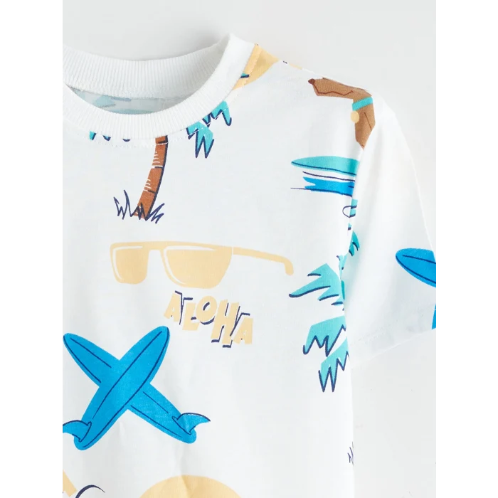 LCW Kids Ekru Bisiklet Yaka Baskılı Erkek Çocuk Tişört