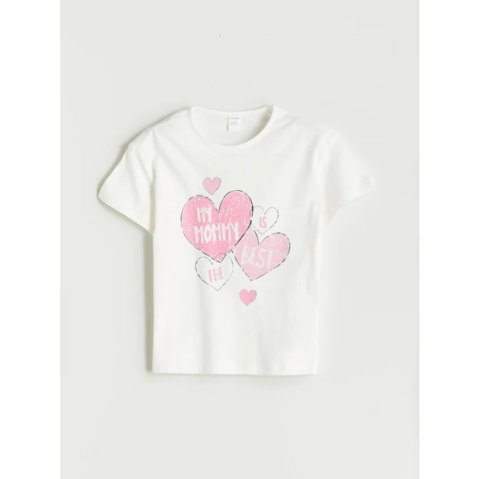 LCW Kids Ekru Bisiklet Yaka Baskılı Kız Çocuk Tişört