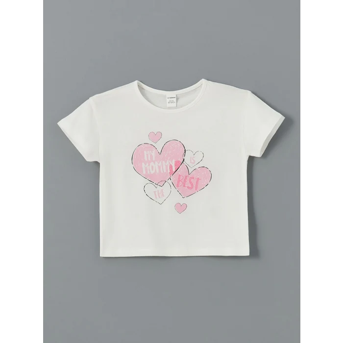 LCW Kids Ekru Bisiklet Yaka Baskılı Kız Çocuk Tişört