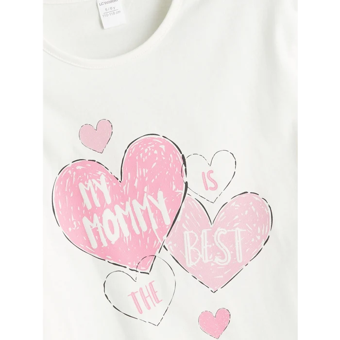 LCW Kids Ekru Bisiklet Yaka Baskılı Kız Çocuk Tişört