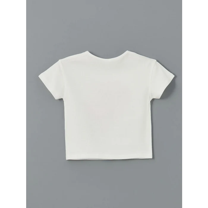 LCW Kids Ekru Bisiklet Yaka Baskılı Kız Çocuk Tişört