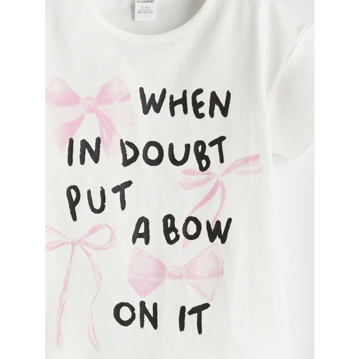 LCW Kids Ekru Kurdele Detaylı Penye Kız Çocuk Tişört