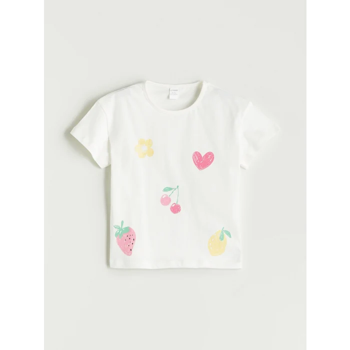 LCW Kids Ekru Bisiklet Yaka Baskılı Penye Kız Çocuk Tişört