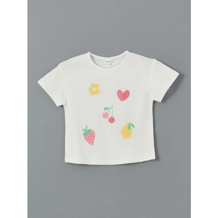 LCW Kids Ekru Bisiklet Yaka Baskılı Penye Kız Çocuk Tişört