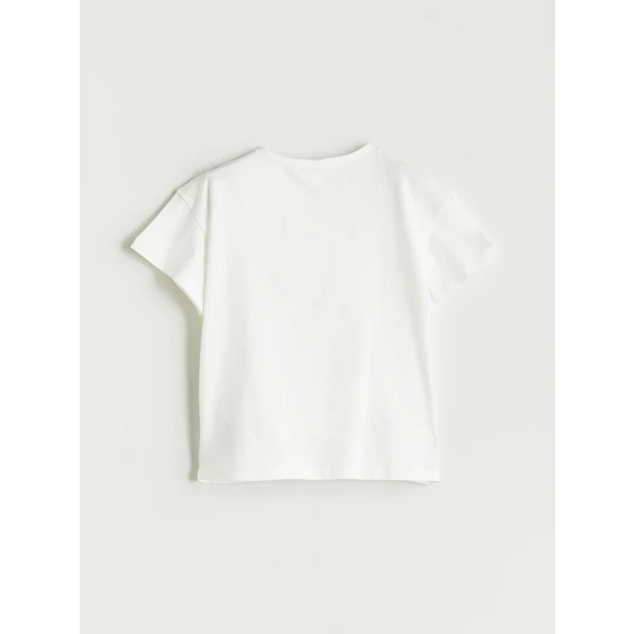 LCW Kids Ekru Bisiklet Yaka Baskılı Penye Kız Çocuk Tişört