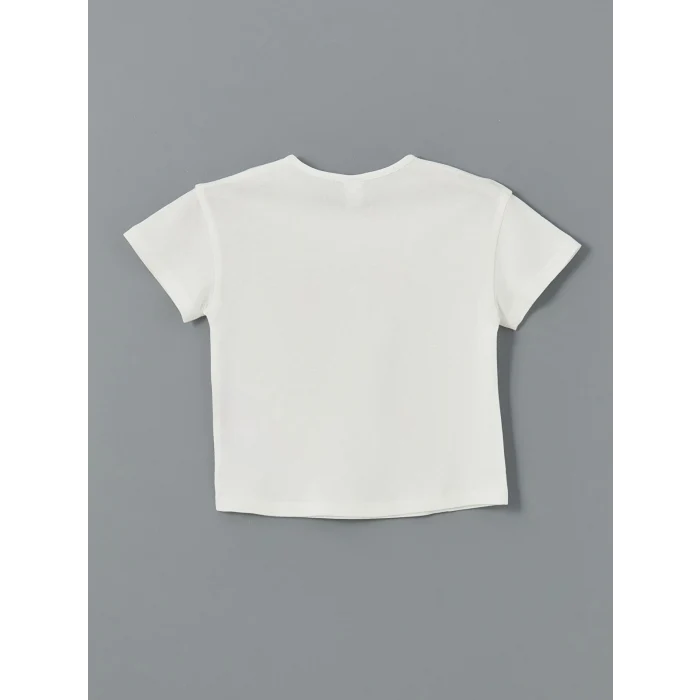 LCW Kids Ekru Bisiklet Yaka Baskılı Penye Kız Çocuk Tişört