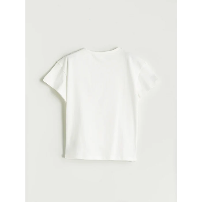 LCW Kids Ekru Bisiklet Yaka Baskılı Penye Kız Çocuk Tişört