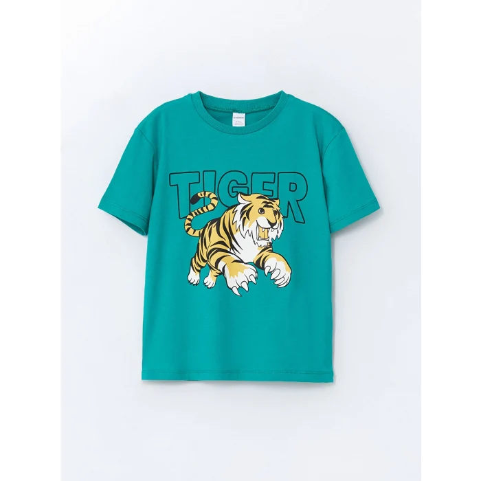 LCW Kids Yeşil Bisiklet Yaka Baskılı Penye Erkek Çocuk Tişört