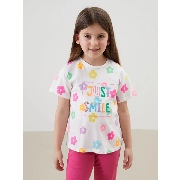 LCW Kids Ekru Bisiklet Yaka Çiçekli Kız Çocuk Tişört