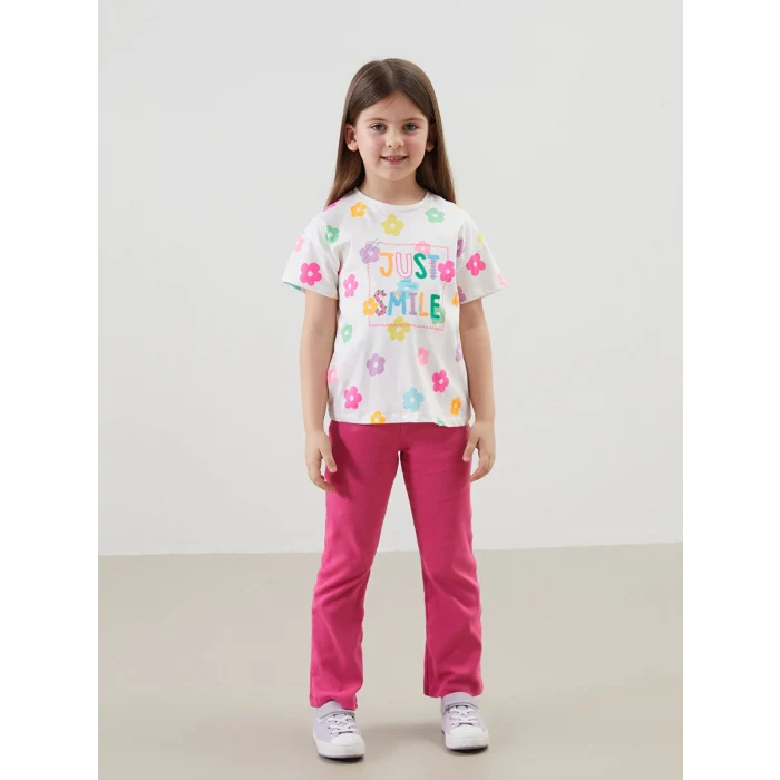 LCW Kids Ekru Bisiklet Yaka Çiçekli Kız Çocuk Tişört