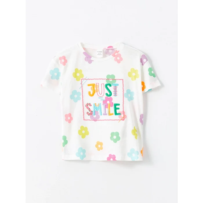 LCW Kids Ekru Bisiklet Yaka Çiçekli Kız Çocuk Tişört