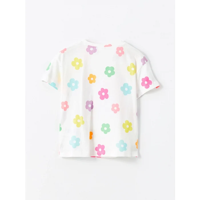 LCW Kids Ekru Bisiklet Yaka Çiçekli Kız Çocuk Tişört