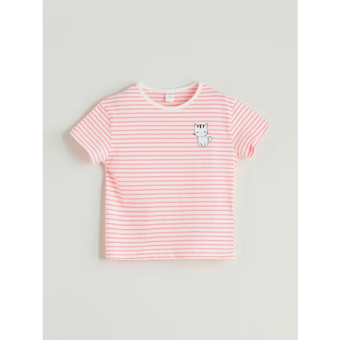 LCW Kids Pembe Bisiklet Yaka Çizgili Kız Çocuk Tişört