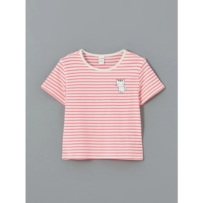 LCW Kids Pembe Bisiklet Yaka Çizgili Kız Çocuk Tişört