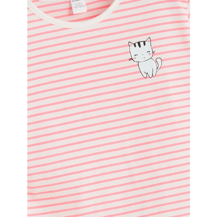 LCW Kids Pembe Bisiklet Yaka Çizgili Kız Çocuk Tişört