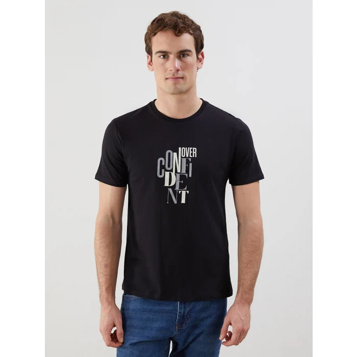 LCW ECO Siyah Bisiklet Yaka Kısa Kollu Baskılı Penye Erkek Tişört